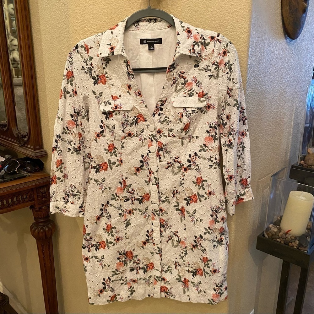 INC International Concepts Women Floral Eyelet Button-Up Shirt Dress Size 4